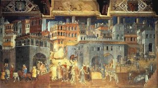 Ambrogio Lorenzetti - Effects of Good Government in the city (1338 - 1339). The Allegory of Good and Bad Government is a series of frescoes painted by Ambrogio Lorenzetti from around February 26, 1338 to May 29, 1339.The frescoes are painted in the Renaissance style, but with a Medieval touch to it. The paintings are located in the Sala dei Nove (Salon of Nine or Council Room) in the Palazzo Pubblico (or Town Hall) of the city of Siena, Italy. The series consists of six different scenes: Allegory of Good Government, Allegory of Bad Government, Effects of Bad Government in the City, Effects of Good Government in the City and Effects of Good Government in the Country.In the Good City we can see a panoramic view of a medieval city and its surroundings. The display itself, featuring a dome of a cathedral, black and white belfry, and buildings made of bricks, is much similar to Siena. Also, the fresco depicts all sorts of human activities within the city that are needed in order to have a well organized city. These include various manufactures, builders, and even leasure represented as dancing in the forefront of the fresco. On the right of the city, there is a panorama of a village, i.e. suburb. It depicts a series of human activities related to land and animal cultivation. Above the village there is a personification of Security, who holds a small gallows in one hand, and a scroll with text in another.