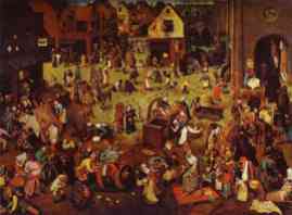The Fight Between Carnival and Lent! If Pieter Bruegel the Elder enjoyed a solid reputation during his lifetime, his paintings were "even more sought after following his death" (in 1569), as Provost Morillon wrote to Cardinal de Granvelle as early as 1572. It is probably this constant demand which led the famous painter's oldest son, registered as a master in the Antwerp guild in 1584/85, to specialise in copying his father's works. The Battle of Carnival and Lent, the original of which is conserved in Vienna, is a very fine example of this. The subject matter can be found in medieval literature and plays. In the foreground, two opposing processions, the one to the left led by the replete figure of Carnival and the one to the right by the haggard figure of Lent, are about to confront each other in a burlesque parody of a joust. Here, on either side of the picture, are feasting and fasting, winter and spring (the trees to the left are leafless, those to the right have leaves), popular jollity and well-ordered charity, the ill-famed tavern and the church as the refuge of the pious soul. Whilst the father's work was not lacking in humour, the son's emphasises the encyclopaedic aspect: the many scenes accompanying the "battle" are all ceremonies or customs attached to the rites of carnival and lent, which succeed each other from Epiphany until Easter. One intriguing element for which no satisfactory explanation has yet been found is the fool guiding a couple with a torch in broad daylight in the centre of the composition. The group is walking towards the right, but with its back turned both to Carnival and the viewer. The smooth pictorial handling, the richness of the chromatic range and the subtlety of the colours, as well as the extreme care given to each detail make Brueghel the Younger's painting much more than a simple copy. In addition to its own qualities, the painting also acts as a precious witness to the original state of its model: the children lying at the entrance to the church, the old woman bent double in the cart drawn by a poor woman in rags, and the bloated body of the corpse in the right foreground have all been painted over out of prudishness at a later date on the Vienna panel. The cripple standing with a naked torso on the far right of the son's copy is also absent in the original.