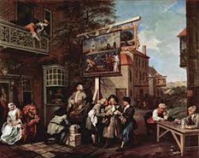 William Hogarth. Canvassing for Votes. 1755. William Hogarth & Charles Grignion - Canvassing for Votes: Hogarth's second scene takes political corruption out of doors. The inn to the right is The Royal Oak, which was the headquarters of the Tory party. The inn has been embellished with signs satirizing their opponents, the most notable bearing the title of, "Punch Candidate for Guzzeldown", which shows a Whig candidate as Punch buying votes from his wheelbarrow of coins. Below the sign stands the local Tory candidate. Much like 'Punch', he is buying trinkets from the peddlers to further his amorous adventures with the admiring pair of girls on the balcony. At the Inn door a soldier spies on another attractive girl who is busy counting her 'take'. At the bay window two men stuff themselves on ridiculously large portions of food. The centre foreground is dominated by a closely knit trio of men. The man in the middle is covertly accepting bribes from both men at the same time. At the table to the left two elderly men debate the Battle of Portobello. The pensive, pipe-smoking man appears to have won his wager and takes in his money. In the background a Tory mob is attacking the Whig headquarters. Extreme violence has already commenced.