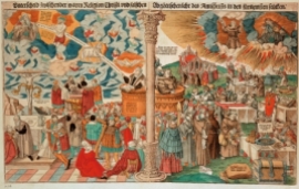 Difference between the true religion of Christ and the false idolatrous doctrine of the Antichrist in the most vital questions-(Comparism between the Luther. doctrine and Catholic church practice). Woodcut, 1546, by Lucas Cranach the Younger (1515-1586). A woodcut by Lucas Cranach the Younger showing anti-Catholic propaganda. On the right, the corrupt pope sells indulgences to his debauched Catholic congregation, and the devil blows into a monk's ear as he preaches, while on the left, the devout Lutherans follow the "true" path to God.