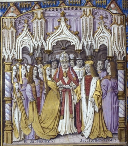 Wedding of Henry V and Katherine de Valois. At the time of their marriage, King Henry's army was rolling across Normandy and France with great success. He claimed the throne of France and engineered the marriage as a more peaceful way to achieve his ends. By all accounts, however, the king was quite taken with his lovely princess.