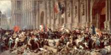 "Lamartine, before the Hôtel de Ville, Paris, rejects the Red Flag," February 25, 1848. By Henri Felix Emmanuel Philippoteaux (1815–1884). The red flag represents terror, blood, and a "party's republic," Lamartine told the crowd. Leader of the provisional government that seized power after Louis-Philippe's fall, Alphonse de Lamartine (who also happened to be a leading Romantic poet) sought to pursue a moderate, liberal course after the February Revolution. When some revolutionaries proposed the red flag—long associated with social revolution—as France's new flag instead of the tricolor, Lamartine rejected the proposal. Yes, he conceded, Louis-Philippe had reintroduced the tricolor in 1830, but it did not represent that monarch's regime. Instead, Lamartine claimed, the tricolor was the flag of the original revolution of 1789 and therefore represented the French nation. "Citizens, you have the power to commit violence against this government; you have the power to command it to change the banner of the nation and the name of France.... ...As for myself, never shall my hand sign such a decree! I will push away until death this blood flag, and you should repudiate it even more than I will! Because the red flag that you have brought back here has done nothing but being trailed around the Champ-de-Mars in the people's blood in 1791 and 1793, whereas the Tricolore flag went round the world along with the name, the glory and the liberty of the homeland!"