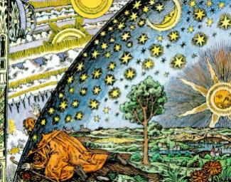 The Flammarion woodcut. This Flammarion engraving, by an unknown artist, is called Empedocles Breaks through the Crystal Spheres. Its original caption read: “A missionary of the Middle Ages tells that he had found the point where the sky and the Earth touch…” The widely circulated woodcut of a man poking his head through the firmament of a flat Earth to view the mechanics of the spheres, executed in the style of the 16th century cannot be traced to an earlier source than Camille Flammarion's L'Atmosphère: Météorologie Populaire (Paris, 1888, p. 163) [38]. The woodcut illustrates the statement in the text that a medieval missionary claimed that "he reached the horizon where the Earth and the heavens met", an anecdote that may be traced back to Voltaire, but not to any known medieval source. In its original form, the woodcut included a decorative border that places it in the 19th century; in later publications, some claiming that the woodcut did, in fact, date to the 16th century, the border was removed. Flammarion, according to anecdotal evidence, had commissioned the woodcut himself. In any case, no source of the image earlier than Flammarion's book is known.