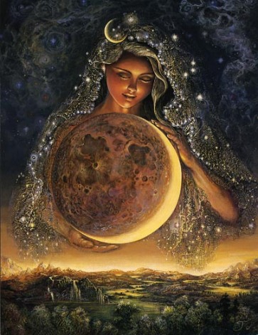 Moon Goddess by Josephine Wall. Selene, ( Greek: “Moon”) Latin Luna, in Greek and Roman religion, the personification of the moon as a goddess. She was worshipped at the new and full moons. According to Hesiod’s Theogony, her parents were the Titans Hyperion and Theia; her brother was Helios, the sun god (sometimes called her father); her sister was Eos (Dawn). In the Homeric Hymn to Selene, she bears the beautiful Pandeic to Zeus, while Alcman says they are the parents of Herse, the dew. She is often linked with Endymion, whom she loved and whom Zeus cast into eternal sleep in a cave on Mount Latmus; there, Selene visited him and became the mother of 50 daughters. In another story she was loved by Pan. By the 5th century bc Selene was sometimes identified with Artemis, or Phoebe, “the bright one.” She was usually represented as a woman with the moon (often in crescent form) on her head and driving a two-horse chariot. As Luna, she had temples at Rome on the Aventine and Palatine hills.