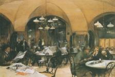 Café Griensteidl, printing by Reinhold Völkel, 1896. Café Griensteidl is a traditional Viennese café located at Michaelerplatz 2 across from St. Michael's Gate at the Hofburg Palace in the Innere Stadt first district of Vienna, Austria. The cafe was founded in 1847 by former pharmacist Heinrich Griensteidl. In the January 1897, the original building was demolished during the course of the renovation of Michaelerplatz. In 1900, the café was reopened and became a popular location among the Viennese coffeehouse culture. During the early twentieth century, the café was frequented by many artists, musicians, and writers.
