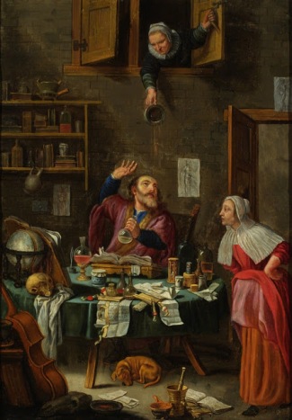 Trouble Comes to the Alchemist. Unknown Dutch School Painter , 17th -18th century. Although the title suggests this is an image of an alchemist, the scene is one of a physician conducting a uroscopy for a female patient. The confusion may be due to the similarity in objects used in both relative practices. These include a mortar and pestle, a variety of flasks and containers, a human skull, an hourglass, a celestial globe, and books. The overt hilarity of the old woman deliberately emptying her piss pot on the physician's head would have been instantly appreciated by any contemporary viewer of this work. Musical motifs, such as the cello in this painting, were traditionally a symbol of love and warning about sexual promiscuity. The poem on the table, attributed to Socrates, implies that the furious woman above is like Xanthippe, the Greek philosopher's famously shrewish wife. It reads: I knew well woman, it's no wonder, it would rain, after this thunder.