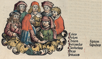Nuremberg Chronicles - Seven sages. The Seven Sages (of Greece) or Seven Wise Men (c. 620 – 550 BC) was the title given by ancient Greek tradition to seven early-6th-century BC philosophers, statesmen and law-givers who were renowned in the following centuries for their wisdom.