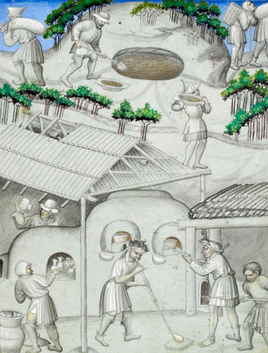 Workers, above, mining the pit of Memnon for sand for glassmaking and, below, a glassblower and other craftsmen in a glassmaking workshop. Illustrations for Mandeville’s Travels (15th century).
