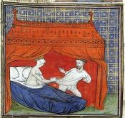 A canopied mediaeval bed - this picture dates from about 1400, and shows Queen Guinevere dragging Sir Lancelot into her bed. Library, Book, France Paris.