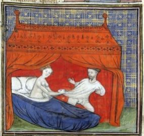A canopied mediaeval bed - this picture dates from about 1400, and shows Queen Guinevere dragging Sir Lancelot into her bed. Library, Book, France Paris.