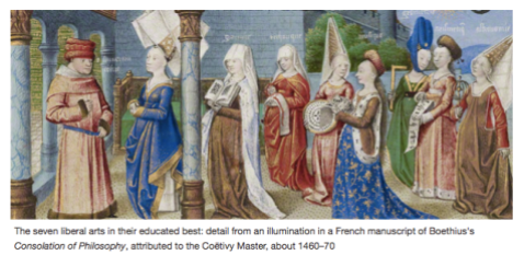 From left: grammar, rhetoric, logic, music, geometry, arithmetic, and astronomy Attributed to the Coëtivy Master French, Paris, about 1460–1470 Coëtivy Master, French, active about 1450 - 1485, Philosophy Presenting the Seven Liberal Arts to Boethius.