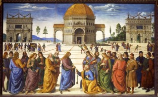 Pietro Perugino, Christ Handing the Keys of the Kingdom to St. Peter, Sistine Chapel, Vatican, Rome, Italy, 1481-83. Perhaps the most famous painting in the Sistine Chapel before Michelangelo’s time was one by fresco by Pietro Perugino called “Christ Handing the Keys of the Kingdom to Saint Peter”.