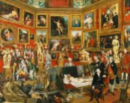 The Tribuna of the Uffizi (1772–1778) by Johann Zoffany is a painting of the north-east section of the Tribuna room in the Uffizi in Florence, Italy. The painting has become one of the most celebrated images of eighteenth-century taste. Zoffany shows a group of connoisseurs and members of the nobility admiring works of art in the Tribuna, the principal room of the Uffizi in Florence, which was the most famous gallery in the world during the eighteenth century. The Tribuna had been built by Francesco de' Medici in 1585-9 to a design by Bernardo Buontalenti as a showcase for the most precious items in the Medici collection. Although Zoffany has depicted the architectural features of the Tribuna with a fair degree of accuracy, he has rearranged the works of art and in some cases altered their scale. In fact, he has also incorporated a number of paintings from that part of the Medici collection housed in the Palazzo Pitti, as well as including several additional pieces of sculpture. The painter thus successfully gives the gallery a more crowded and undoubtedly richer appearance than it had during the eighteenth century, and by this means has facilitated his rendering of the complicated sightlines of the room and the perspectival inlaid marble decoration of the floor. The setting is therefore somewhat idealised, but it remains a perfectly accurate representation of the significance of the Tribuna for eighteenth-century connoisseurship, with its emphasis on the antique, the High Renaissance, the Bolognese school and Rubens. Zoffany painted the picture in Florence expressly for Queen Charlotte, beginning in 1772. Much of the composition was completed the following year, but the artist continued working on it intermittently until late in 1777, making changes some of which are now only visible by X-ray. Notable among these changes is the inclusion of a self portrait on the left of the composition, where the artist has shown himself peering round the unframed canvas of the Virgin and Child by Raphael. For this purpose, it is almost as if the painter has abandoned his easel, partly visible in the lower right corner of the picture, and walked across or around the back of the room to partake in the discussion. The figures in the picture, all of whom are identifiable, fall into three groups: those on the left between the sculptures of Cupid and Psyche and Satyr with the Cymbals; those in the foreground, right of centre, gathered around the Venus d'Urbino by Titian; and those on the right around the Venus de' Medici. These portraits were meticulously painted by Zoffany and won widespread admiration, although apparently not from George III and Queen Charlotte, who claimed that such recognisable figures were inappropriate to the scene. In essence, however, Zoffany has amalgamated the traditional subject of a gallery view, much exploited by Flemish painters in the seventeenth century, with the conversation piece evolved by British painters during the eighteenth century, although recently other more cryptic levels of meaning have been sought in the picture. Royal patronage enabled the artist to have the Venus d'Urbino by Titian taken down from the wall for copying after the Grand Duke of Tuscany (Ferdinando I) had specifically decreed that the picture had been copied too much and should not be moved again for such a purpose. Correspondingly, there are one or two references in the picture to the Royal Collection: the Virgin and Child by Raphael, held by the artist, was a work that was offered to George III by Earl Cowper (this is the Niccolini-Cowper Madonna, now in the National Gallery of Art, Washington) and the Samian Sibyl by Guercino, seen at the lower edge of the composition, is a pendant to the Libyan Sibyl by the same artist bought by George III in the 1760s. The Tribuna of the Uffizi is a technical tour de force. The attention to detail and texture involves not just the portraits, but also the copies after the works of art nearly all of which are identifiable. Controlled brushwork and careful application are the hallmarks of Zoffany's style, and they are seen at their best in this famous picture without any of the loss of verve that such a long and elaborate undertaking might have forced upon the artist