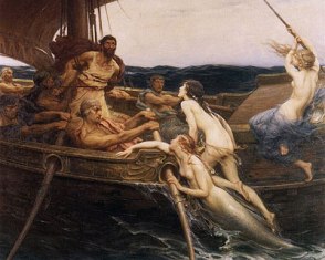 Ulysses and the Sirens by Herbert James Draper, 1864-1920. c. 1909. The depiction of the sirens is an interesting one as Homer's account was rather vague and artists usually drew them as bird like figures with female heads. Draper, however, depicts them as mermaids and young women. We see a boat full of muscly sailors apparently terrified by three nude girls. As they climb aboard, an act of assertive sexuality, the sirens change from mermaids into women. The theme of the nymph and the temptress became something of an obsession in Draper's work. This work was done later in Drapers career, when he was a married man, and contrasts dramatically with an earlier work by him The Sea Maiden which shows the sailors as the aggressors. The picture contains many contrasts; the sea and the air, the masculine and the feminine, the dark and the light, hard and soft. These contrasts are enhanced by the colours used by Draper with the sailors being dark and weather beaten, the sirens are pale and untouched by the sun like an English Edwardian lady.