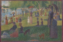 In his best-known and largest painting, Georges Seurat depicted people relaxing in a suburban park on an island in the Seine River called La Grande Jatte. The artist worked on the painting in several campaigns, beginning in 1884 with a layer of small horizontal brushstrokes of complementary colors. He later added small dots, also in complementary colors, that appear as solid and luminous forms when seen from a distance. Seurat's use of this highly systematic and "scientific" technique, subsequently called Pointillism, distinguished his art from the more intuitive approach to painting used by the Impressionists. Although Seurat embraced the subject matter of modern life preferred by artists such as Claude Monet and Pierre-Auguste Renoir, he went beyond their concern for capturing the accidental and instantaneous qualities of light in nature. Seurat sought to evoke permanence by recalling the art of the past, especially Egyptian and Greek sculpture and even Italian Renaissance frescoes. As he explained to the French poet Gustave Kahn, "The Panathenaeans of Phidias formed a procession. I want to make modern people, in their essential traits, move about as they do on those friezes, and place them on canvases organized by harmonies of color." Some contemporary critics, however, found his figures to be less a nod to earlier art history than a commentary on the posturing and artificiality of modern Parisian society. Seurat made the final changes to La Grande Jatte in 1889. He restretched the canvas in order to add a painted border of red, orange, and blue dots that provides a visual transition between the interior of the painting and his specially designed white frame.