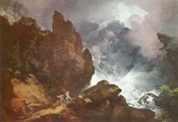 Philipp Jakob Loutherbourg, An Avalanche in the Alps, 1803. The Alps were a familiar landscape for generations of British travellers, but it was only in the later part of the eighteenth century that their rugged and immense qualities were appreciated for their sublime associations. Here de Loutherbourg, who specialised in such landscapes, adds human drama to the avalanche’s awesome progress via the terrified people (foreground) soon to be overwhelmed by nature’s power. De Loutherbourg’s exploration of sublime effect was assisted by his work as a theatre set designer. He also created the ‘Eidophusikon’, a miniature theatre where landscapes were animated and accompanied by music and sound effects.