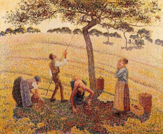Apple picking at Eragny-sur-Erpe paint by the French artist Camille Pissarro (1830-1903) - Dallas Museum of Art (USA). 1888, Oil on Canvas. Pissarro employed beautiful combinations of light and color to convey a sense of the utopia that he believed could be achieved in an anarchist society. His paintings Apple-Picking and Apple-Harvest, which depict workers in Pissarro’s future anarchistic utopia, feature a bright hue created by thousands of carefully placed dots of colorful paint. The sun radiates across the rural landscape, and the workers appear happy and peaceful as they harvest apples from the trees.