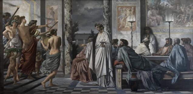 Plato´s Symposium - Anselm Feuerbach - Staatliche Kunsthalle Karlsruhe, w598 cm x h295 cm. Oil on canvas. In ‘Das Gastmahl des Platon’ (1869) Anselm Feuerbach depicts the scene in Plato’s Symposium in which a drunken Alcibiades, accompanied by a band of revelers, enters the house of the poet Agathon. In this paper I offer an account of the significance of ‘Das Gastmahl’ in the light of three aims we have reason to attribute to its creator: (1) to recreate a famous scene from ancient Greek literature, making extensive use of (then) recent results of archaeological research; (2) to convey a sense of the nobility of the ancient Greeks; and (3) to offer a visual contrast of reason with desire. I also argue that as he set out to accomplish these objectives Feuerbach displayed considerable indifference to the contents of Plato’s dialogue. Thus what ‘Das Gastmahl’ offers us is less ‘Plato’s symposium’ and more ‘Feuerbach’s symposium’, a visually striking but in some respects unfaithful representation of the Platonic original. (http://philosophy.unc.edu/files/2013/10/New-Feuerbach.pdf)