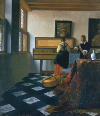 Johannes Vermeer (Delft 1632-Delft 1675). Lady at the Virginals with a Gentleman early 1660s. A Lady at the Virginal with a Gentleman entered the Royal Collection in 1762 as a work by Frans van Mieris the Elder owing to a misreading of the signature. Indeed, the name of the artist was not correctly identified until 1866 by Théophile Thoré. During the late seventeenth century the picture had been in collections in Delft, Vermeer’s home town, including that eventually sold on 16 May 1696 by Jacob Dissous which had twenty-one paintings by the artist - the largest group of such works assembled by a single individual. A lady at the virginal was subsequently acquired by the Venetian artist, Giovanni Antonio Pellegrini, in 1718 either in Amsterdam or The Hague. Pellegrini’s collection was bought by Consul Joseph Smith, who in turn sold his own collection to George III. By such a route did one of the greatest Dutch pictures in the Royal Collection arrive and to a certain extent the initial oversight regarding its importance has been more than adequately compensated for by the amount of scholarly attention that it now receives. Paintings by Vermeer - of which there are only thirty-four - are difficult to date and any chronology has to be based on an interpretation of style and complexity of composition. A lady at the virginal was undoubtedly painted during the 1660s, but it is not possible to be more specific although there is at present a consensus of c.1662-4. The composition is characterised by the rigorous use of perspective to draw the eye towards the back of the room where the figures are situated - the young woman rather surprisingly seen from the back. The viewer is at first more aware of the jutting corner of the table, the chair and the bass viol than of the figures themselves, whose privacy is thereby protected. The back of the room, dominated by the virginal comparable with those made by Andreas Ruckers the Elder, is like a grid of verticals and horizontals into which the figures are carefully locked. Light is admitted through the windows on the left and fills the room, casting only soft, subtle shadows. A striking feature of the composition in this part is the mirror on the wall where the slightly blurred reflections include the young woman’s face, part of the table and the legs of an artist’s easel. The implication of this glimpsed easel is that Vermeer shares the same space as the figures he is depicting, but as a result of this artifice he is also, like the viewer, standing outside that space. In fact, as Alpers has observed, Vermeer’s composition is based on exclusion. Many of the elements, particularly at the back of the room, are seen only partially, as though indicating ‘the appearance of the world as ungraspable’.