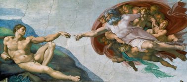 The Creation of Adam (1508-1512) on the ceiling of the Sistine Chapel.Michelangelo di Lodovico Buonarroti Simoni ( 6 March 1475 – 18 February 1564). Of all the marvelous images that crowd the immense complex of the Sistine Ceiling, The Creation of Adam is undoubtedly the one which has most deeply impressed posterity. No wonder, for here we are given a single overwhelming vision of the sublimity of God and the potential nobility of man unprecedented and unrivaled in the entire history of visual art. No longer standing upon earth with closed eyes and mantle, the Lord floats through the heavens, His mantle widespread and bursting with angelic forms, and His calm gaze accompanying and reinforcing the movement of His mighty arm. He extends His forefinger, about to touch that of Adam, who reclines on the barren coast of earth, barely able as yet to lift his hand. The divine form is convex, explosive, paternal; the human concave, receptive, and conspicuously impotent. The incipient, infecundating contact about to take place between the two index fingers has often been described as a spark or a current, a modern electrical metaphor doubtless foreign to the sixteenth century, but natural enough considering the river of life which seems about to flow into the waiting body. Genesis tells how the Lord created Adam from the dust of the earth and breathed into his nostrils the breath of life. This story is never illustrated literally in Renaissance art. Usually, as in Jacopo della Quercia's beautiful relief on the facade of the church of San Petronio in Bologna, which must have impressed the young Michelangelo deeply, the Creator stands on earth and blesses the already formed body of Adam, read together with the ground, since his name in Hebrew means earth. Michelangelo's completely new image seems to symbolize a still further idea - the instillation of divine power in humanity, which took place at the Incarnation. Given Cardinal Vigerio's reiterated insistence on the doctrine of the two Adams, and the position of the scene immediately after the barrier to the sanctuary, at the spot where the Annunciation customarily appeared, and after Ezekiel with his vision of the Virgin Birth, this would seem natural enough. The scene recalls the famous verses from Isaiah, "Who hath believed our report ? and to whom is the arm of the Lord revealed ? For he shall grow up before him as a tender plant, and as a root out of a dry ground . ..," invariably taken by theologians to foretell the Incarnation of Christ, shoot of Jesse's rod. Two striking visual elements make clear that this was one of the passages actually recommended to Michelangelo by his probable adviser, Cardinal Vigerio. First, the mighty right arm of the Lord is revealed, naked as in no other of His appearances on the Sistine Ceiling, nor anywhere else, as far as I have been able to determine, in all of Christian art prior to this time. (The left arm is clothed, at least to the elbow, by a white sleeve.) Second, directly under Adam, the arm of the veiled youth to the left above the Persian Sibyl projects into the scene - a matter that involved considerable advance planning - coming as close to touching Adam's thigh as the Creator does his finger. This hand holds a cornucopia bursting with Rovere leaves and acorns, appearing to grow from the dry ground, as full of potency as Adam ("ground") is empty of it. Such an image is characteristic not only of Michelangelo, who insofar as possible preferred to show male figures, including that of Christ, completely naked, but of the Roman High Renaissance and of Julius II himself, whose language as recorded by his astonished contemporaries overflows with boasts of his own physical strength and potency.