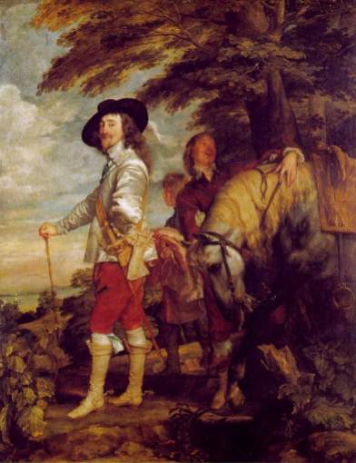 Le Roi à la chasse - is an oil-on-canvas portrait of Charles I of England by Anthony van Dyck c.1635. This Flemish baroque painting is a full length standing portrait of Charles I. The king is taking a rest from hunting as the Thames River runs in the background. Van Dyck uses iconography, the use of symbols, to show the king's status. The king is wearing a teardrop earring which was a sign of being a gentleman. His clothes look expensive and luxurious to depict his wealth. There is tenebrism as the king stands in a spotlight and the figures in the back are in the dark. His hand lies on his hip as he holds a walking stick to depict his confidence. This painting shows absolutism and propaganda to show his divine right to rule.