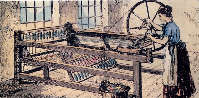 Hargreaves's spinning-jenny. This is a later version of the Spinning Jenny, with the main wheel switched from the horizontal to the vertical to make operation easier.