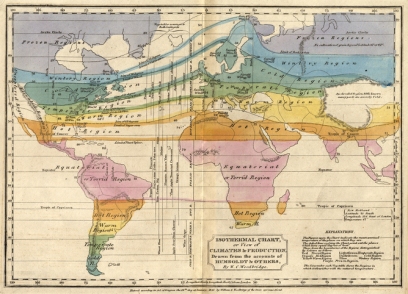 An 1823 map using Humboldt’s innovation of isotherm lines, which connect points that average the same temperature.