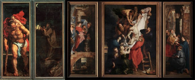 Το τρίπτυχο για Αγία Τράπεζα του Rubens «The Descent From the Cross» (1611 – 1614) και η απεικόνιση του Αγίου Χριστόφορου στο εξωτερικό πλαίσιο όταν το τρίπτυχο είναι κλειστό που βρίσκονται στον Καθεδρικό Ναό « Cathedral of Our Lady» στην Antwerp.