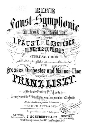 A Faust Symphony in three character pictures (German: Eine Faust-Symphonie in drei Charakterbildern), S.108, or simply the "Faust Symphony", was written by Hungarian composer Franz Liszt and was inspired by Johann Wolfgang von Goethe's drama, Faust. The symphony was premiered in Weimar on September 5, 1857, for the inauguration of the Goethe–Schiller Monument there.